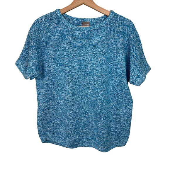 Chico's Blue and White Short Sleeve Knit Cotton Sweater Top Size 1 (U.S. Medium) - Picture 1 of 8